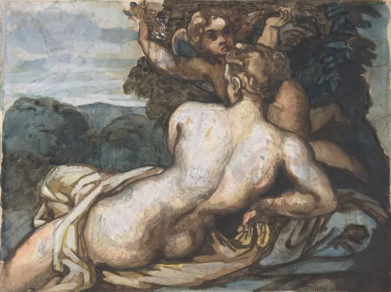 Venus och Cupid i ett landskap, efter Annibale Carracci av Théodore Géricault