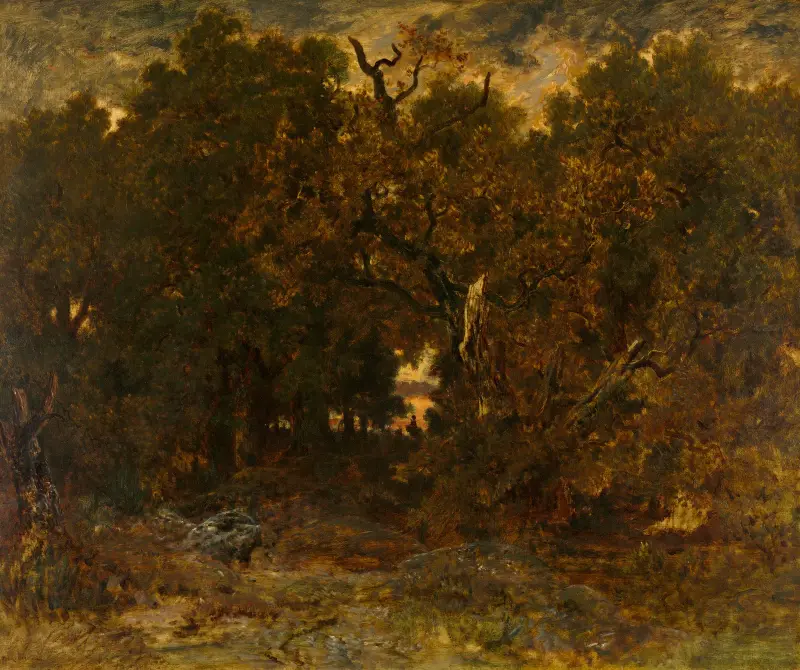 Leaving the Forest, Fontainebleau; Setting Sun av Théodore Rousseau