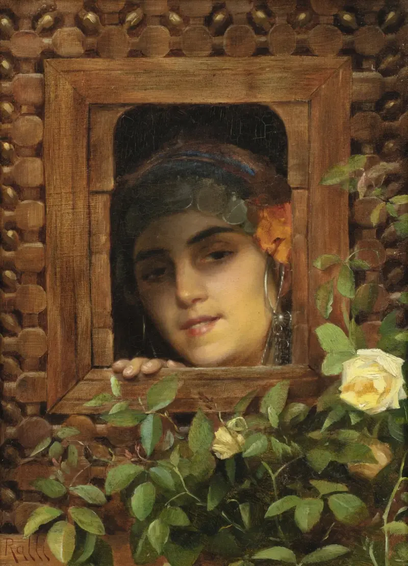 Young woman looking out the window av Theodoros Ralli