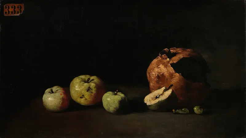 Stilleben med äpplen och ett granatäpple av Théodule Ribot