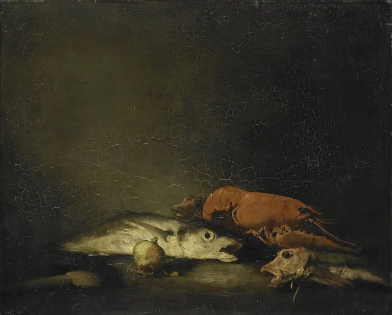 Stilleben med fisk och en hummer av Théodule Ribot