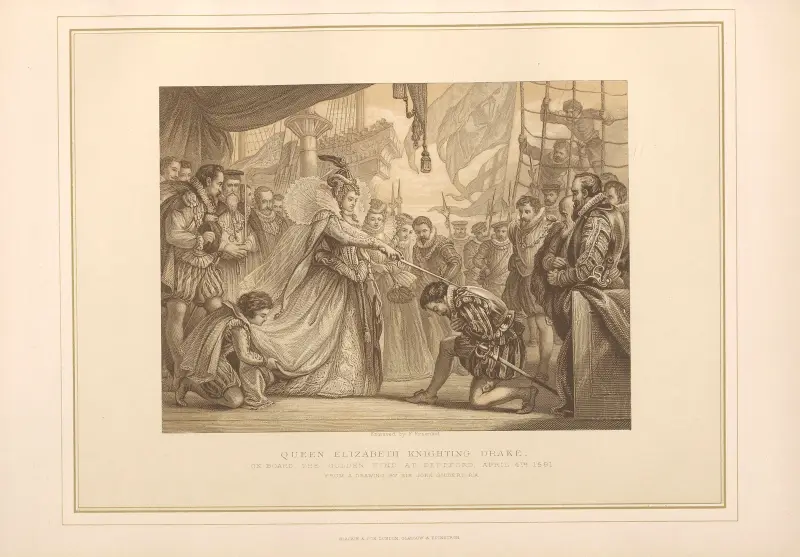 Queen Elizabeth knighting Admiral Drake – John Gilbert av Thomas Archer