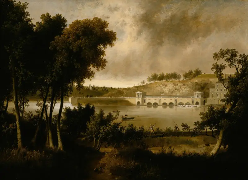 View of the Fairmount Waterworks, Philadelphia, from the Opposite Side of the Schuylkill River av Thomas Doughty