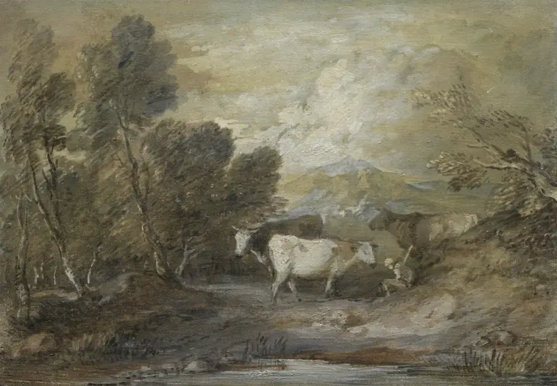 A Herdsman with Three Cows by an Upland Pool av Thomas Gainsborough