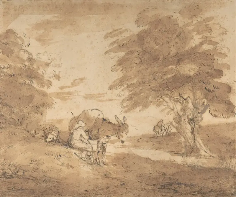 A Rest by the Way (Open Landscape with Figures, Donkey and Horses) av Thomas Gainsborough