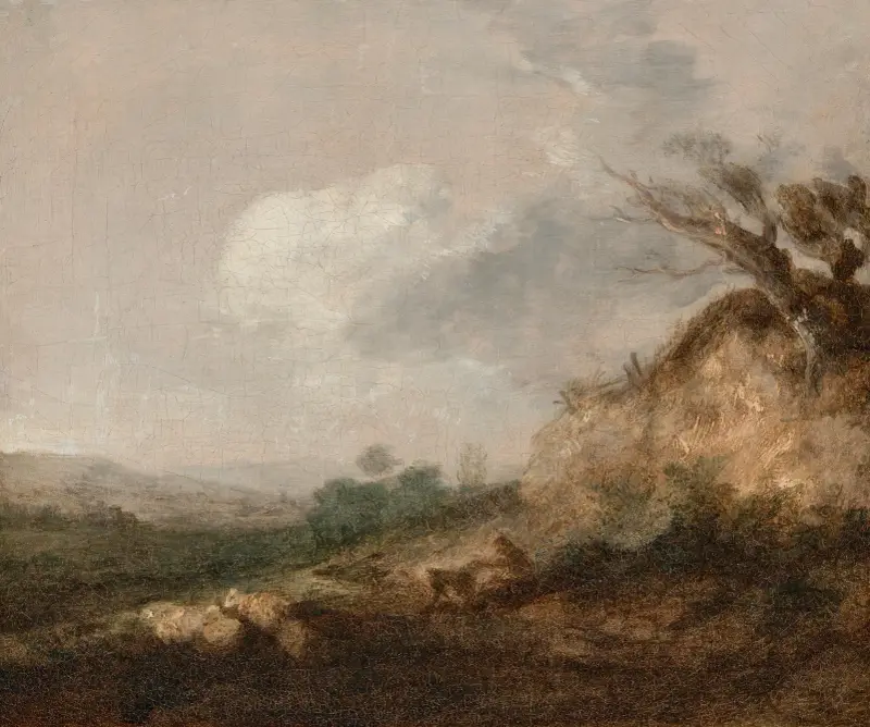 A shepherd and his dog in a landscape, his flock resting by a dune in the foreground av Thomas Gainsborough