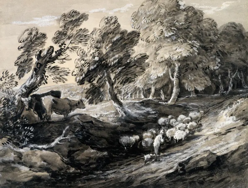 Ein Hirte treibt eine Schafherde durch einen Wald von Thomas Gainsborough