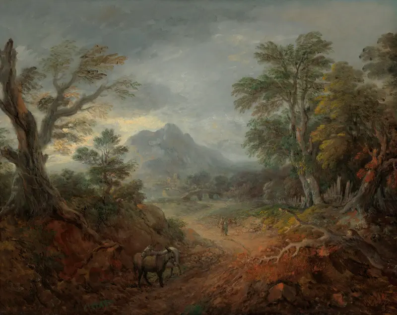 A wooded landscape with donkeys and figures on a path av Thomas Gainsborough