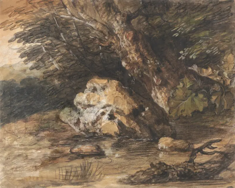 Skogsdamm med klippor och växter av Thomas Gainsborough