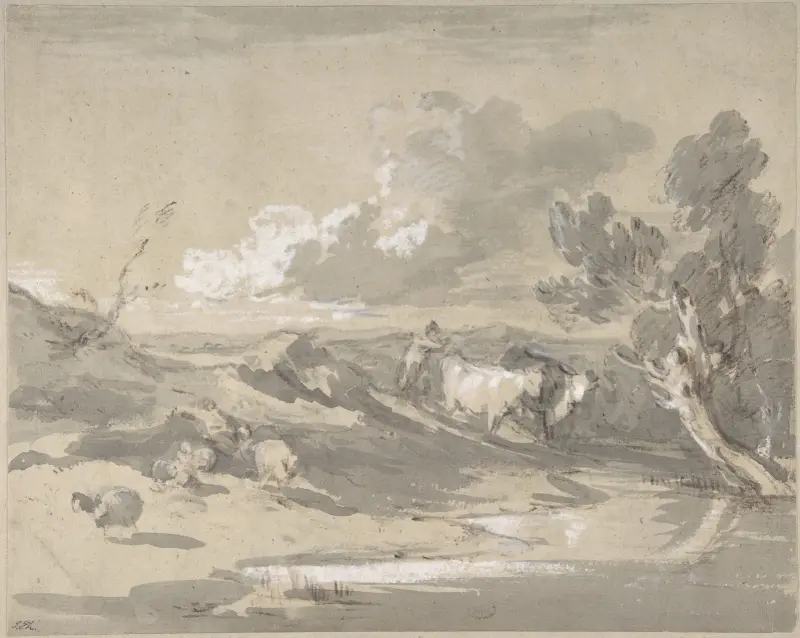 Open Landscape with Herdsman, Cows, and Sheep av Thomas Gainsborough