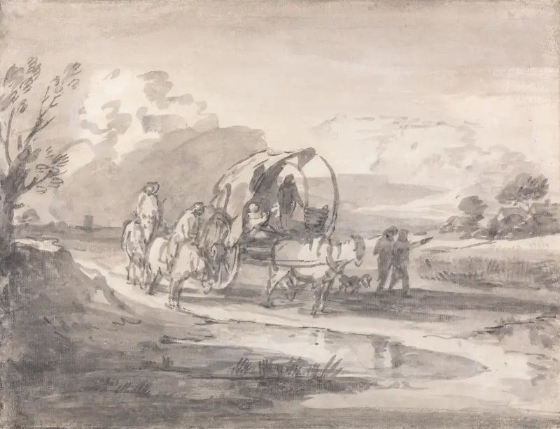 Öppet landskap med ryttare och täckt kärra av Thomas Gainsborough
