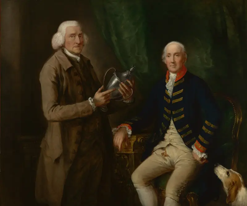 Portrait of William Anne Hollis, 4th Earl of Essex, Presenting a Cup to Thomas Clutterbuck of Watfor… av Thomas Gainsborough