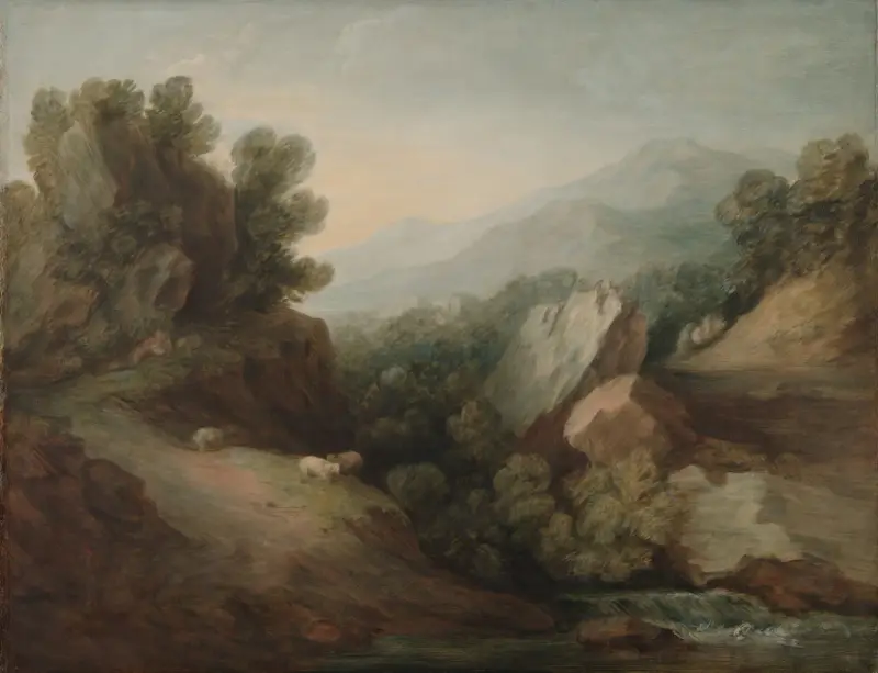 Rocky, Wooded Landscape with a Dell and Weir av Thomas Gainsborough