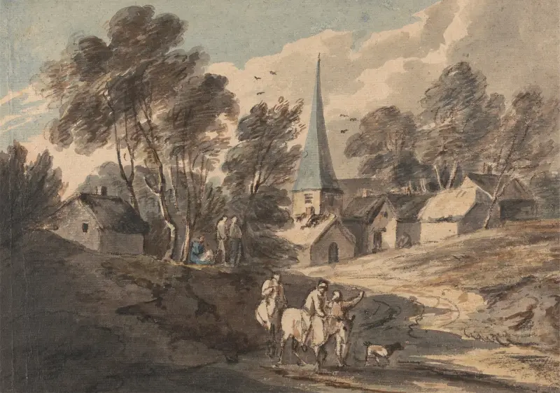 Travellers on Horseback Approaching a Village with a Spire av Thomas Gainsborough