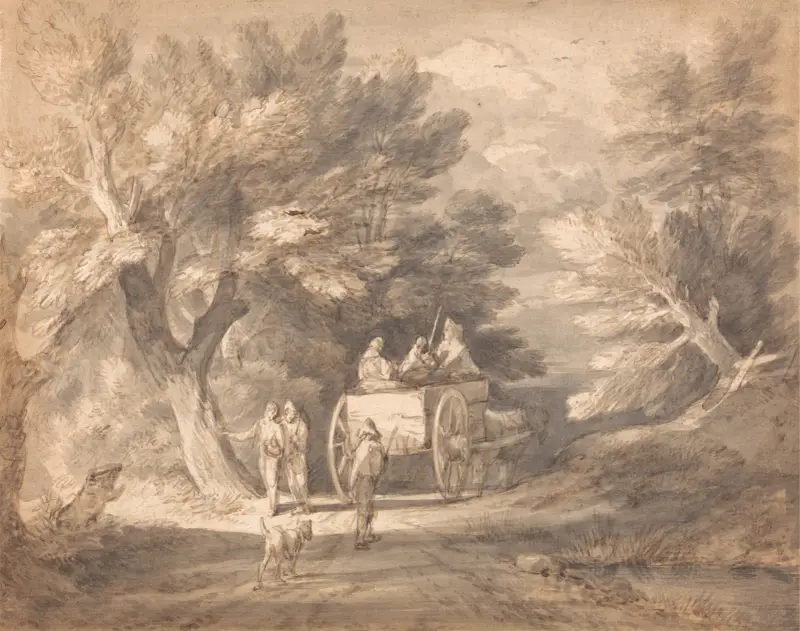 Wooded Landscape with Country Cart and Figures Walking down a Lane av Thomas Gainsborough