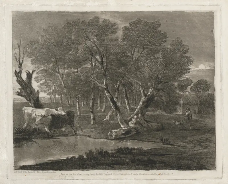 Wooded Landscape with Cows beside a Pool, Figures and Cottage av Thomas Gainsborough