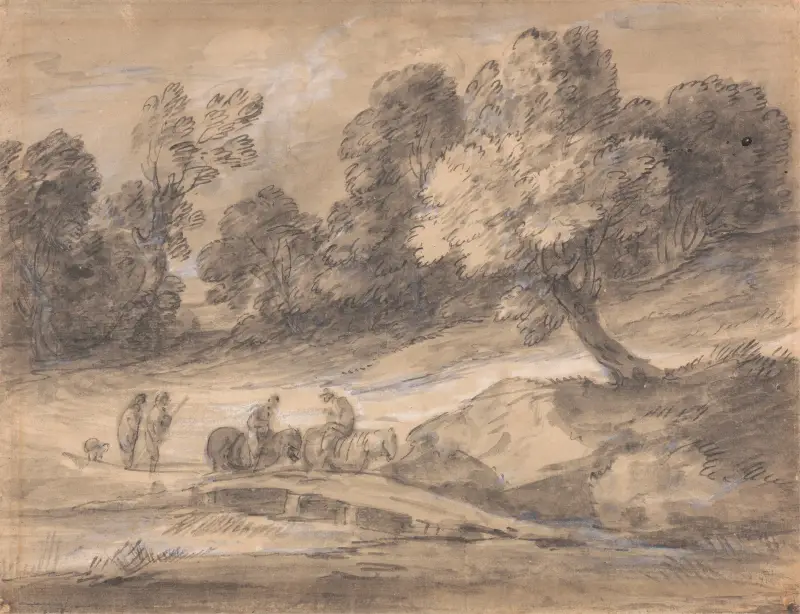 Wooded Landscape with Figures on Horseback Crossing a Bridge av Thomas Gainsborough