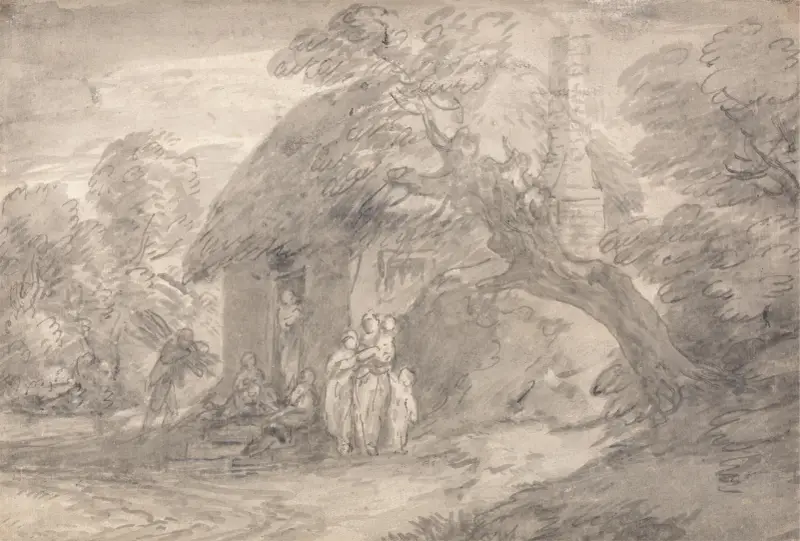 Wooded Landscape with Figures outside a Cottage Door av Thomas Gainsborough