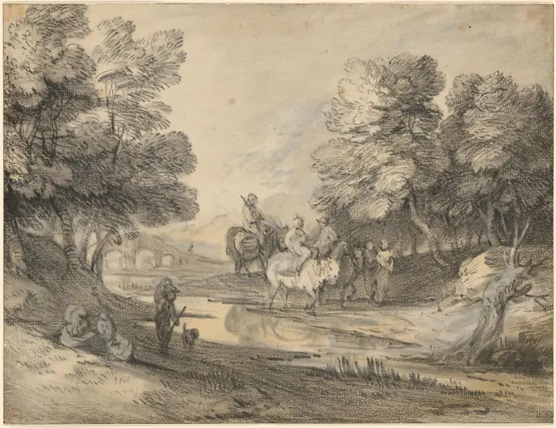 Wooded Landscape with Horseman, Figures, and Bridge av Thomas Gainsborough