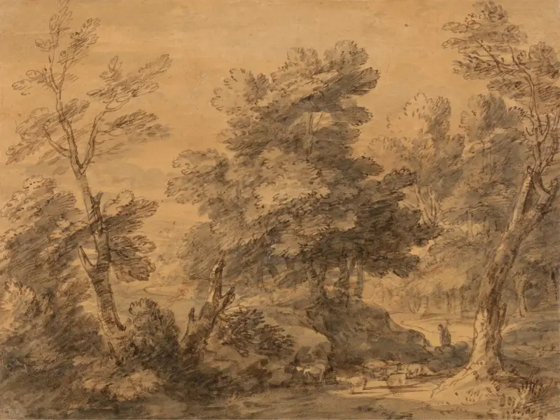 Skogslandskap med herde och får av Thomas Gainsborough
