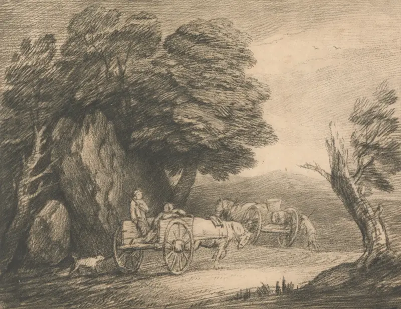 Wooded Landscape with Two Country Carts and Figures av Thomas Gainsborough