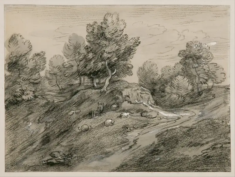 Skogsbeklätt höglandskap med herde, får och en landsväg som slingrar sig runt en kulle av Thomas Gainsborough