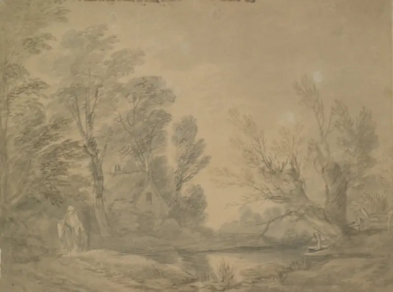 Woody landscape with horseman near a pond by a cottage av Thomas Gainsborough