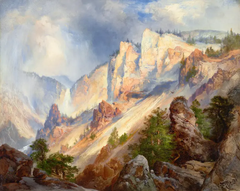 En övergående regnskur i Yellowstone Cañon av Thomas Moran