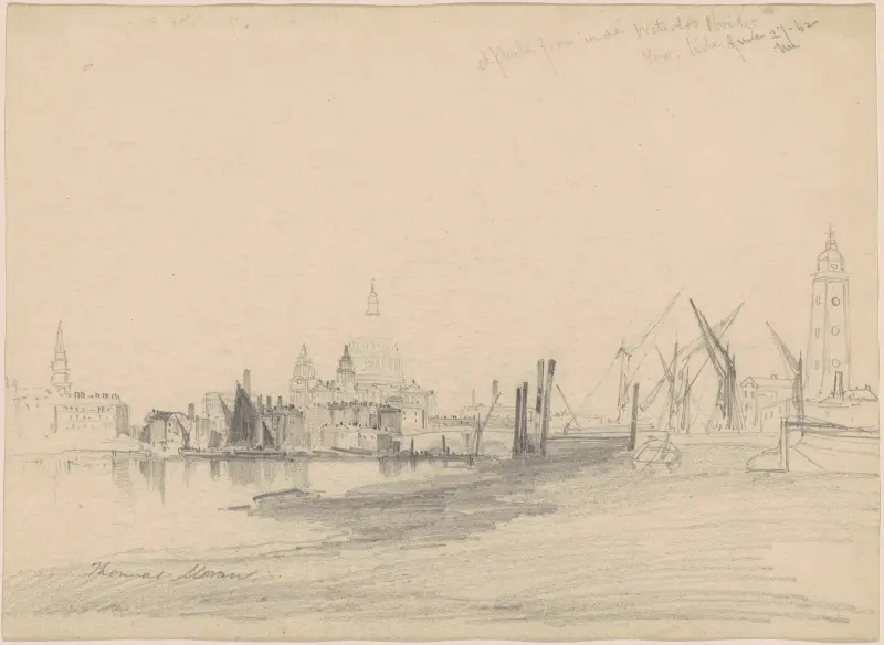 St. Paul's från Waterloo Bridge, lågvatten av Thomas Moran