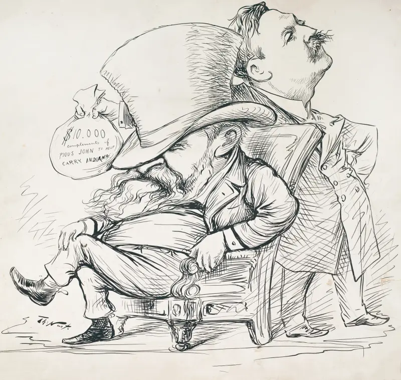 $10,000 compliments of pious John to help carry Indiana av Thomas Nast