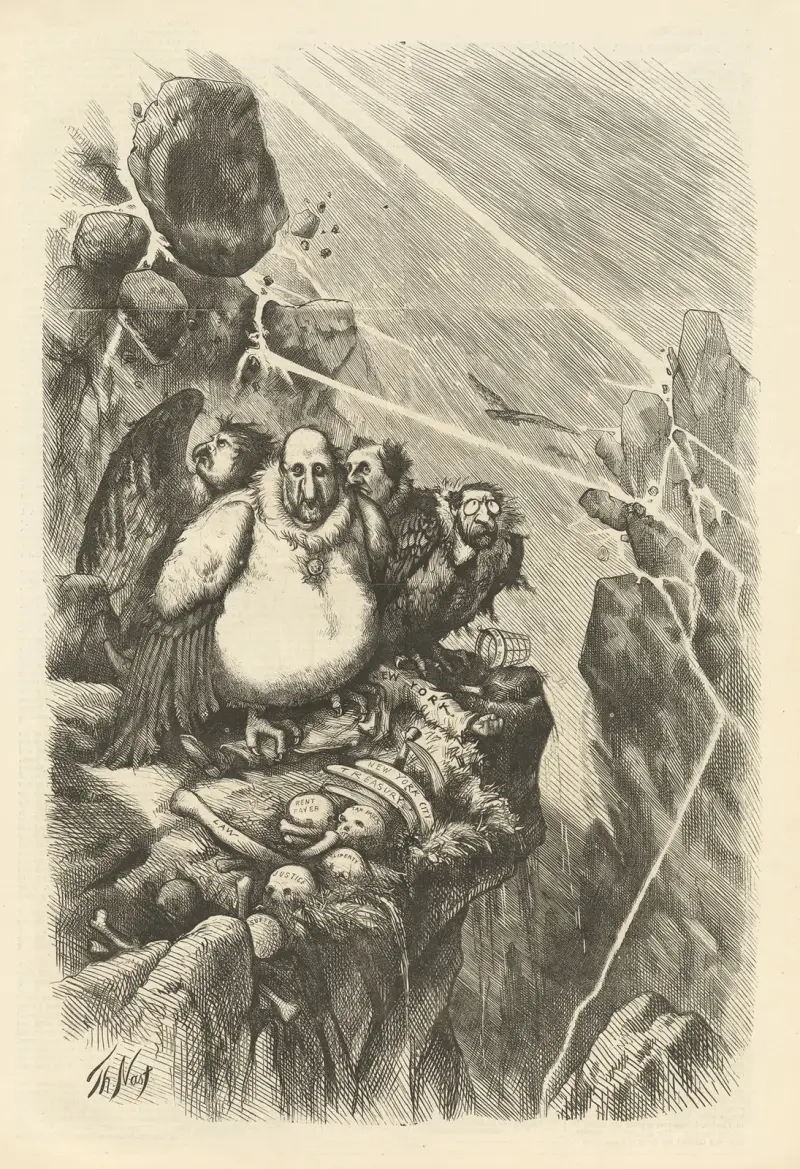 Eine Gruppe Geier, die auf das Abklingen des Sturms wartet – „Lasst uns Beute machen“ von Thomas Nast