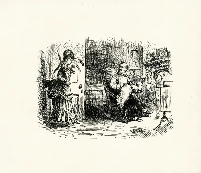 Father seated in rocking chair, infant on his lap, mother enters doorway holding cigarette and parasol av Thomas Nast