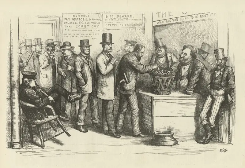 Går igenom den allmänna rösträttens form av Thomas Nast
