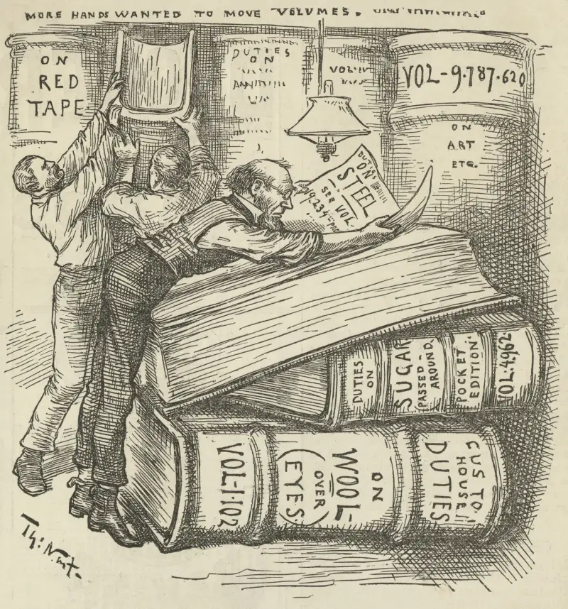 If the Tariff Commission would only step in and solve some of these riddles av Thomas Nast
