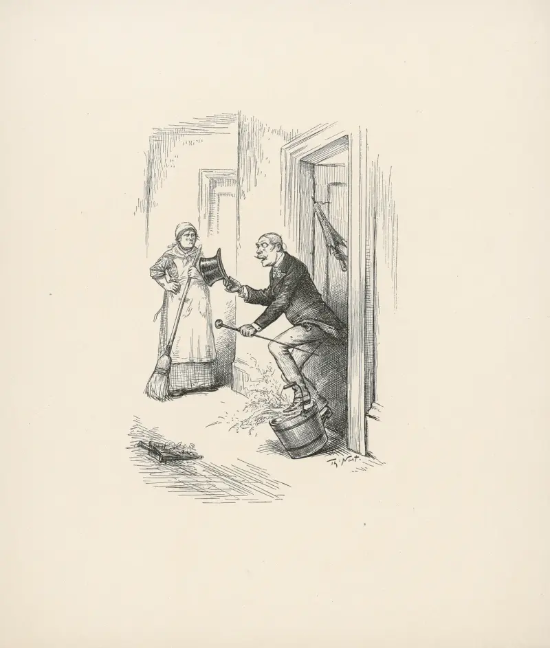 Pigan ser mannen snubbla över hinken av Thomas Nast