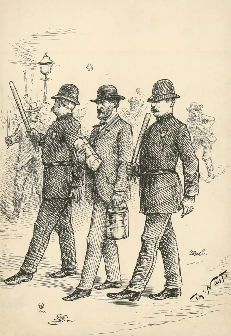 Zu diesem Triumph unserer republikanischen Regierungsform muss der ehrliche Arbeiter, zufrieden mit seinem Arbeitgeber, seinem Lohn ... von Thomas Nast