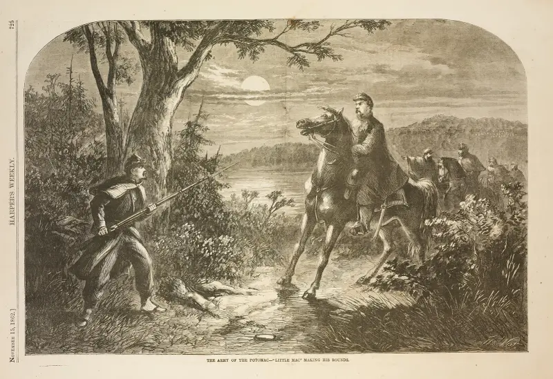 The Army of the Potomac — ‘Little Mac’ making his rounds av Thomas Nast