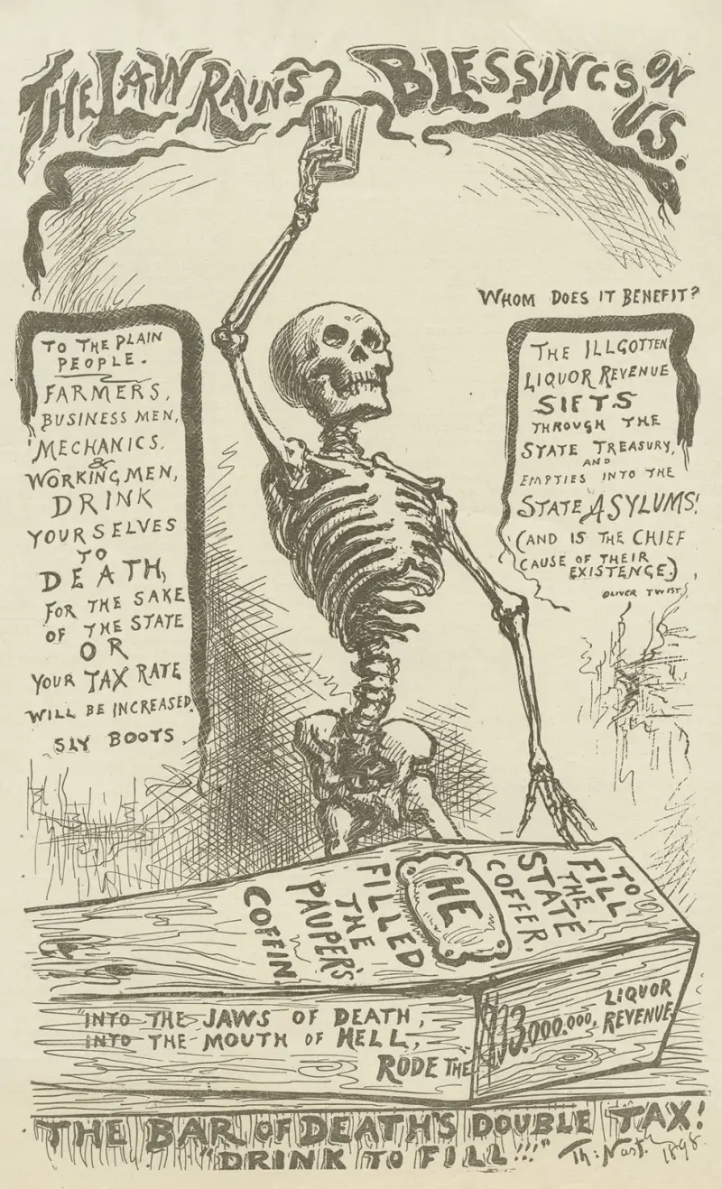 The bar of death’s double tax! Drink to fill!!!. av Thomas Nast