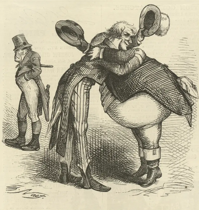 The joint high commission. Reconciliation of John and Jonathan. Felicitations over the great Anglo-Saxon Victory av Thomas Nast