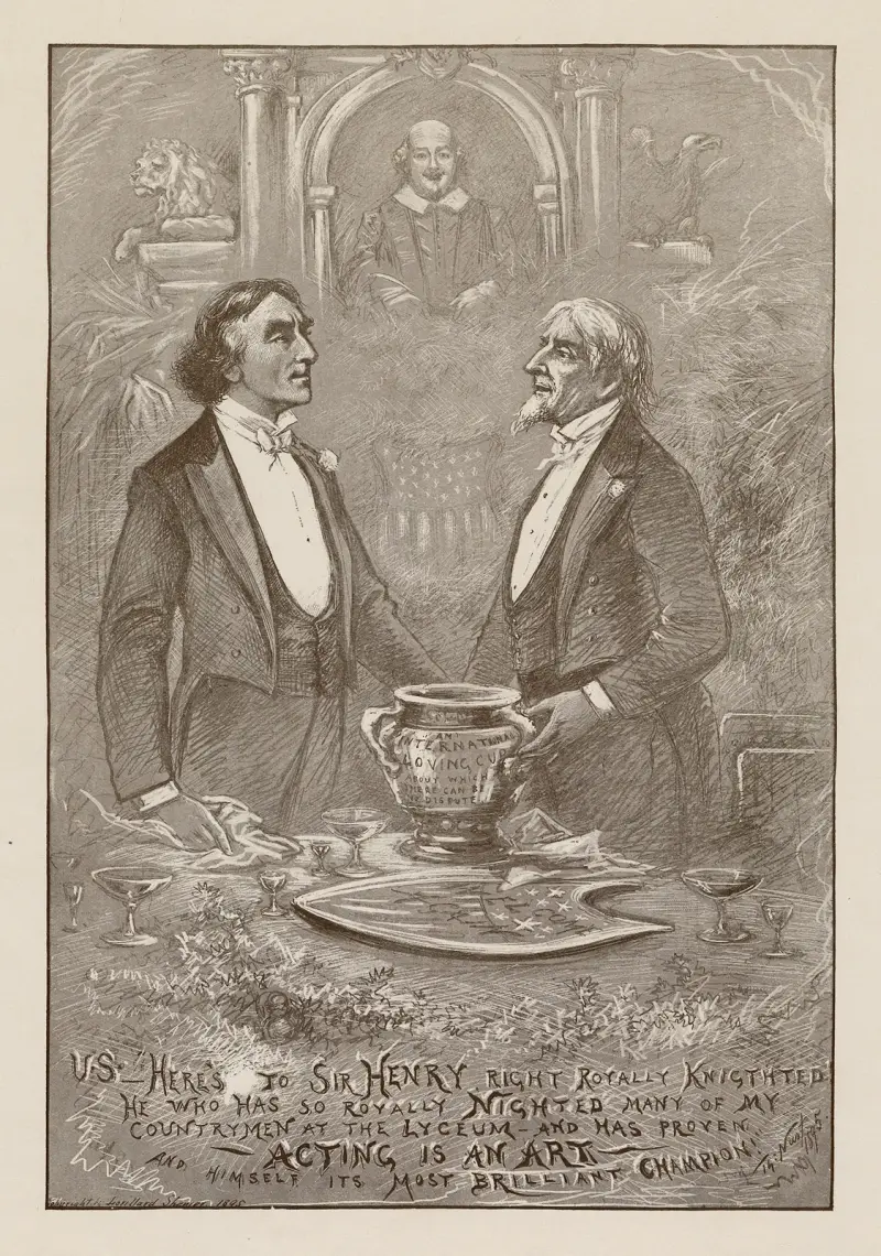 U.S., here’s to Sir Henry Irving, right royally knighted av Thomas Nast