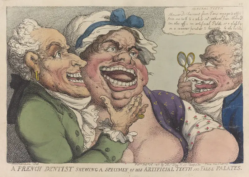 A French dentist showing a specimen of his artificial teeth and false palates av Thomas Rowlandson