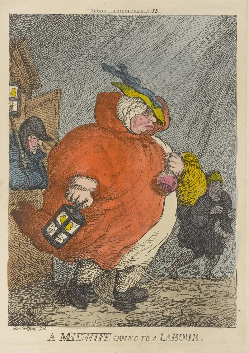 En barnmorska på väg till en förlossning av Thomas Rowlandson