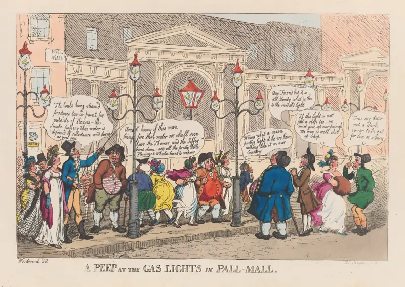 En titt på gaslyktorna i Pall Mall av Thomas Rowlandson