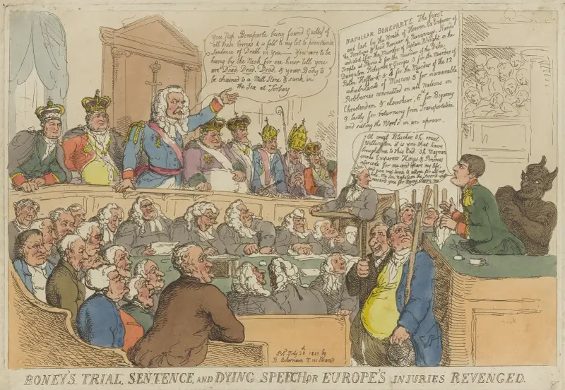 Boneys rättegång, dom och döende tal, eller Europas skador hämnade av Thomas Rowlandson