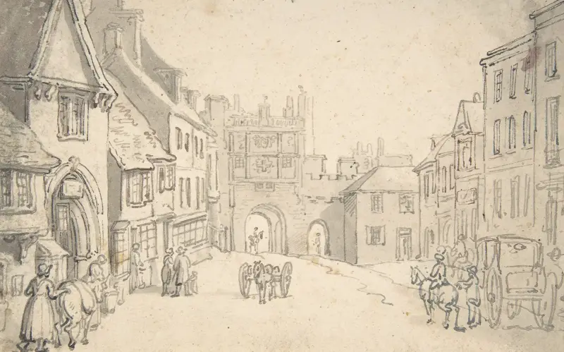 Stadsvy med medeltida port (möjligen York) av Thomas Rowlandson