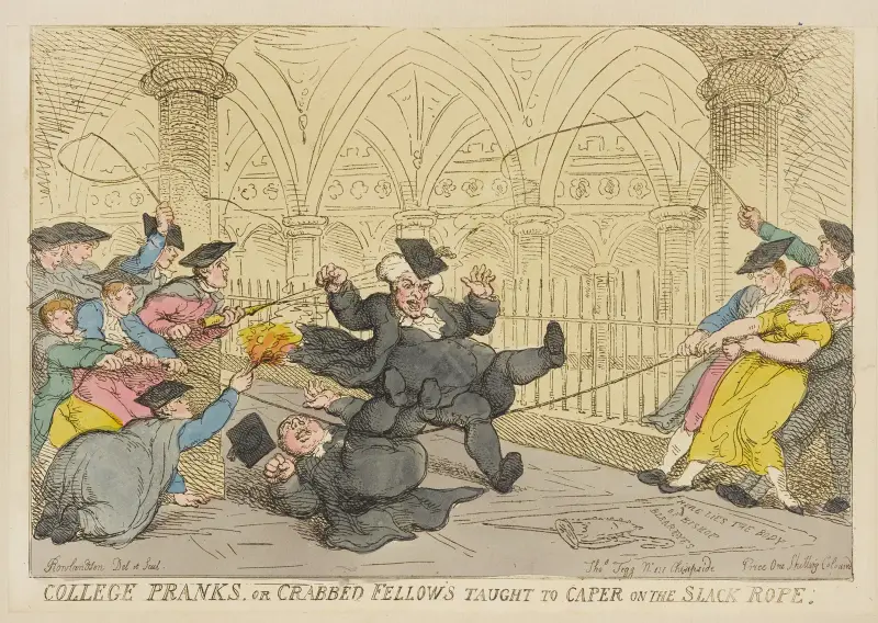 Skämt på college, eller Den krokige karln lärd att dansa på löst rep av Thomas Rowlandson