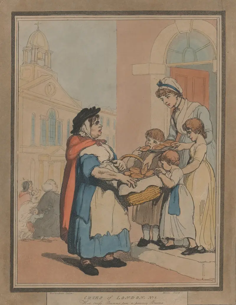 Ropen från London, nr 8 ; Varma korsbullar, två för en penny av Thomas Rowlandson