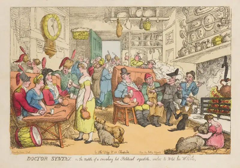 Doctor Syntax, in the middle of a smoaking hot political squabble, wishes to whet his whistle av Thomas Rowlandson