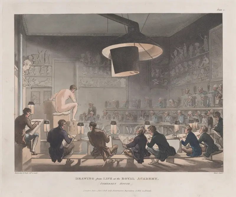 Teckning efter levande modell på Royal Academy, Somerset House av Thomas Rowlandson