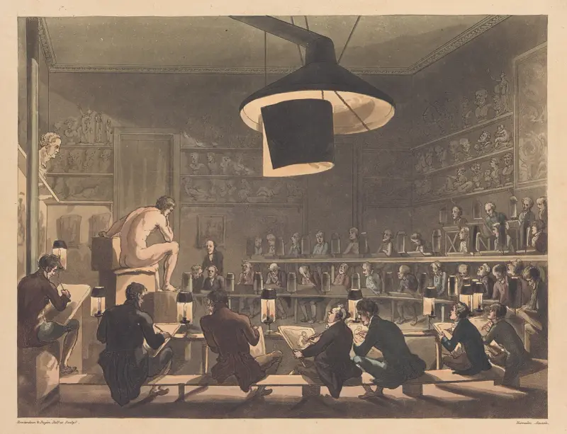 Teckning efter levande modell på Royal Academy (Somerset House) av Thomas Rowlandson